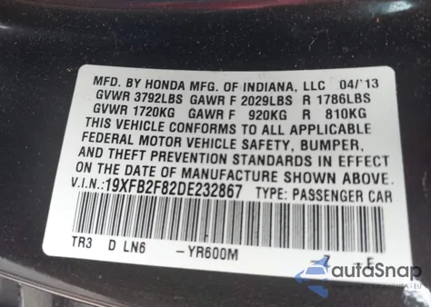 2013 Honda Civic Ex from USA, damaged, VIN 19XFB2F82DE232867